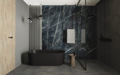 Łazienka w męskim stylu: Elegancja i Nowoczesność z płytkami inspirowanymi betonem i marmurami.